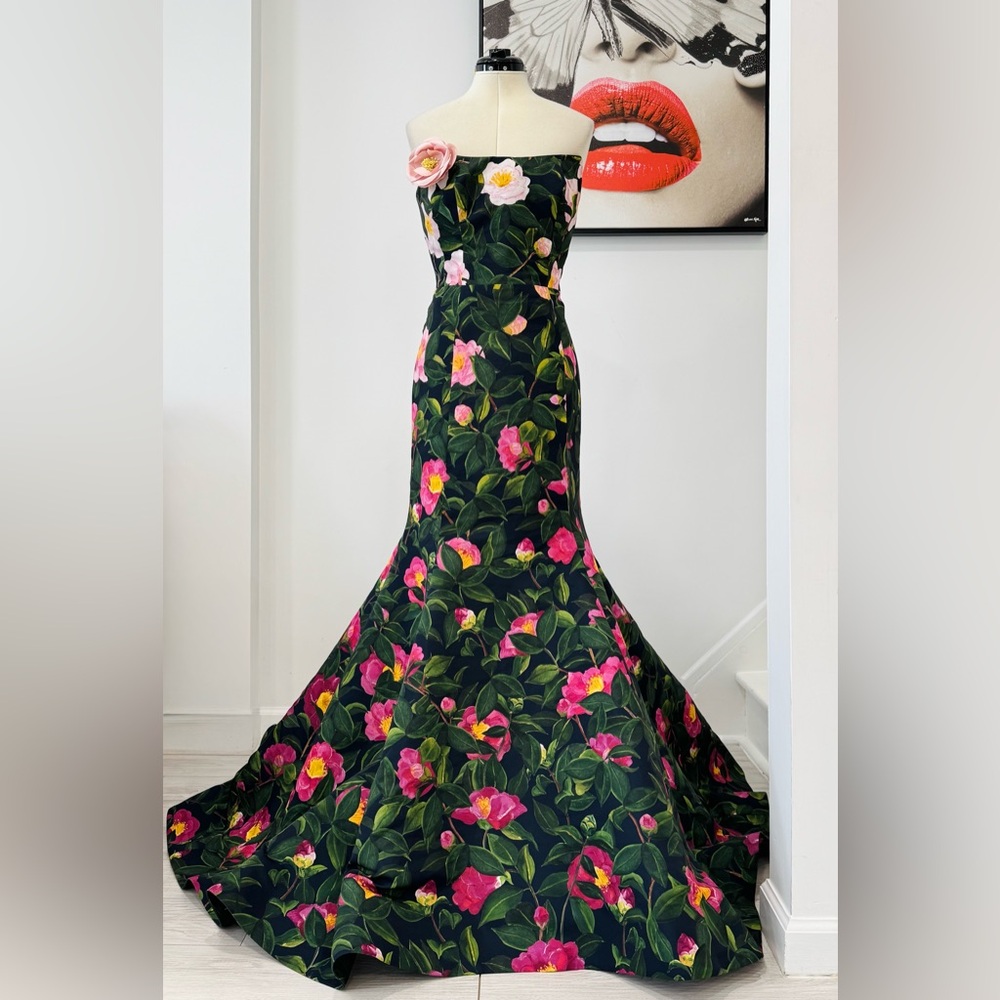 Oscar de la Renta Floral Print Strapless Gown Camellia Faille Mermaid Long Dress - Picture 4 of 16